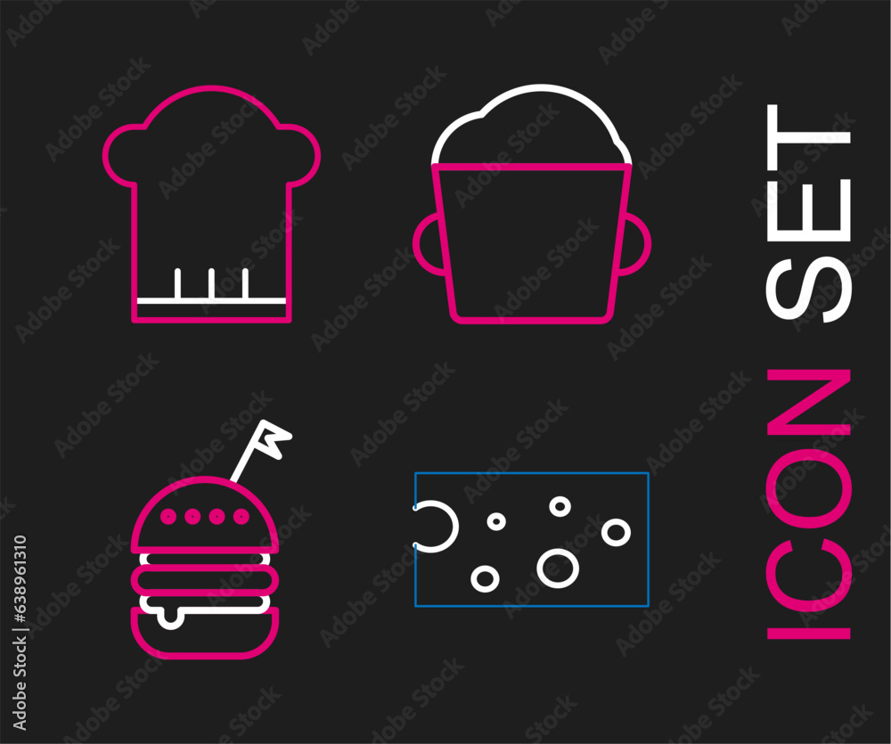 Set line Cheese, Burger, Bakery bowl dough and Chef hat icon. Vector Set line Cheese, Burger, Bakery bowl dough and Chef hat icon. Vector