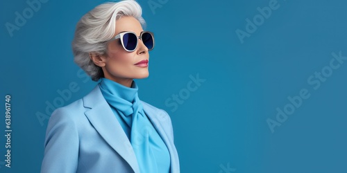 Serious middle aged Caucasian business woman in sunglasses standing over blue background. Mature confident professional executive manager in blue suit. Serious woman looking at copy space.