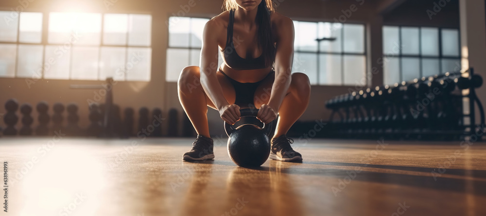 A girl in shorts is doing a workout with an iron kettlebell. A sporty woman with dark hair is squatting with a kettlebell in a gym. Generative AI - obrazy, fototapety, plakaty 