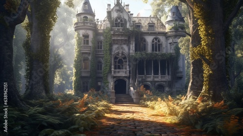 gorgeous abandoned medieval mansion in a fairytale for.Generative AI