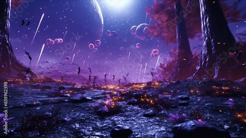 meteors raining down on an alien planet that has glowi.Generative AI