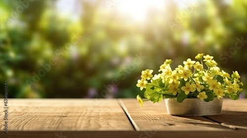 Yellow primula flowers in a pot on a wooden table in the garden