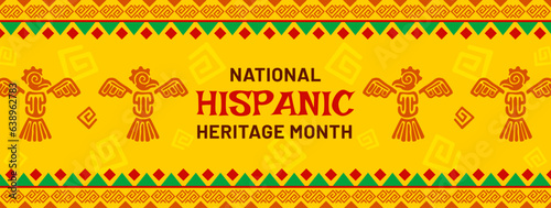 Mayan Aztec totems on national Hispanic heritage month banner, vector background. Latin America holiday and traditional Hispanic heritage month celebration banner with Mexican ornaments and symbols