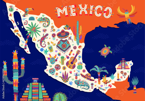 Cartoon Mexican travel map with Mexico landmarks and tourism attractions  vector background. Sombrero and guitar  burrito and tequila  Aztec or Mayan pyramids with tropical birds  animals and flowers