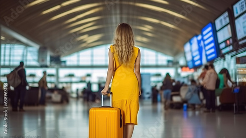Start of her journey. Young Woman in Yellow Dress Awaits Flight