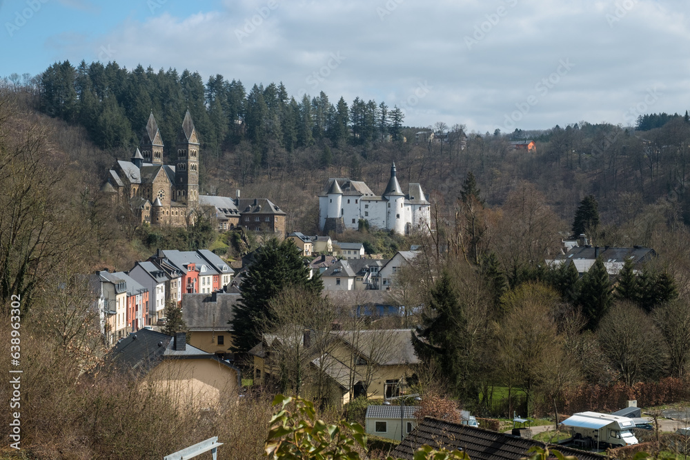 View of the castle, parish church and town of Clervaux, Luxembourg