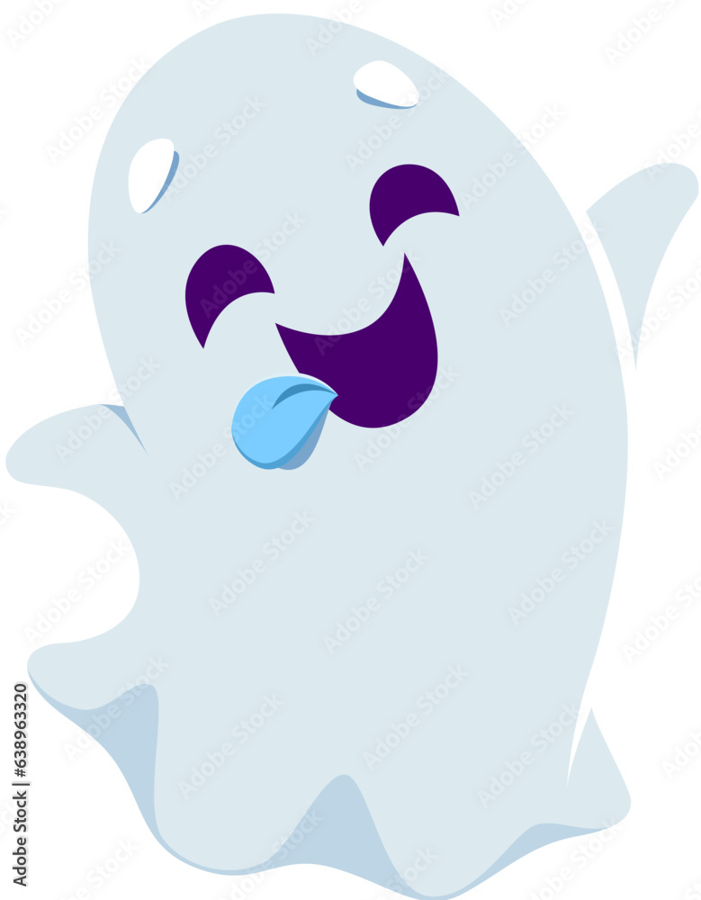 Cartoon cute kawaii halloween ghost monster character with cheerful expression, and playful grin floating in the air. Vector spook personage with sticking tongue captures festive spirit of the season