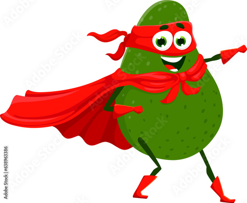 Cartoon avocado superhero character in super hero costume, vector funny guardian. Cute kawaii avocado in superhero power cape and red mask, kids superman vegetable food character of guardian defender