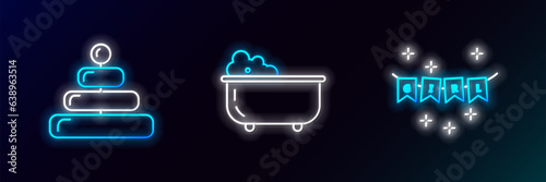 Set line Carnival garland with flags, Pyramid toy and Baby bathtub icon. Glowing neon. Vector
