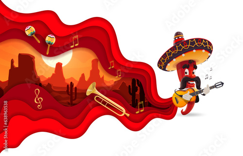 Paper cut banner with Mexican mariachi pepper and desert landscape, vector background, vector background. Mexican holiday and fiesta party banner with chili pepper in sombrero with guitar and maracas