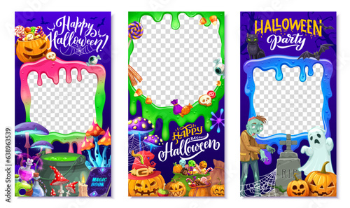 Halloween social media templates with slime melt frames. Vector layouts with cartoon holiday pumpkin, sweets, zombie and ghost. Brew in pot, potion, spell book or mushrooms, spiderweb and tombstone