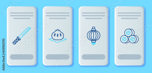 Set line Khinkali on cutting board, Japanese paper lantern, Traditional katana and Sushi icon. Vector