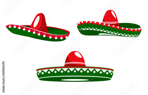 Mexican sombrero hats with Mexico flag colors ornament, vector icons for fiesta party. Mexican culture, tradition and ethnic art symbol of sombrero hats for holiday celebration or national festival