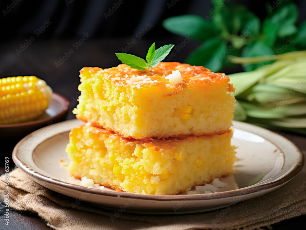 Slices of cornbread with butter on a beautiful plate. Slices of cornbread with butter on a beautiful plate.
