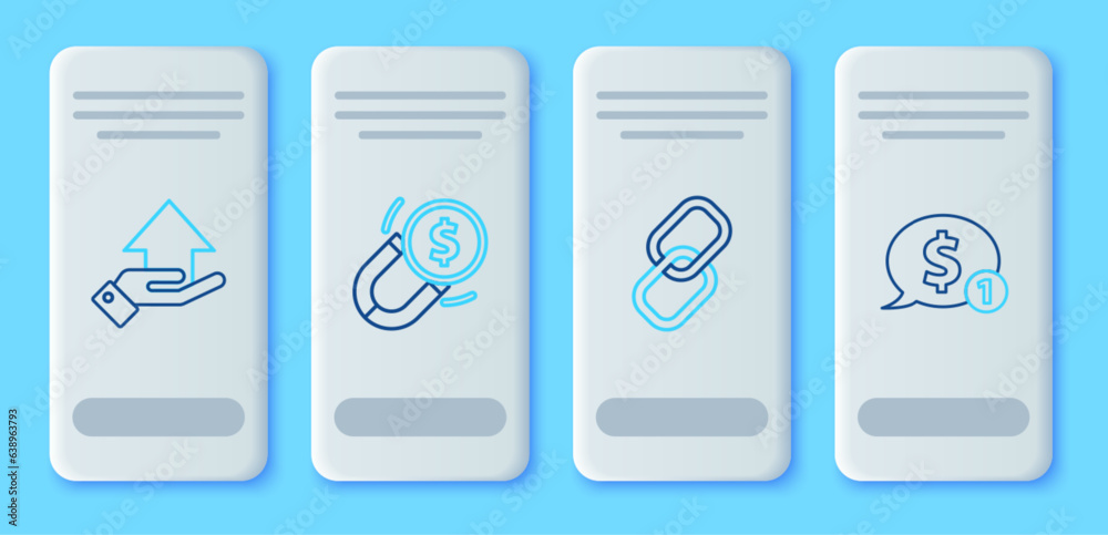 Set line Magnet with money, Chain link, Money hand and Speech bubble dollar icon. Vector Set line Magnet with money, Chain link, Money hand and Speech bubble dollar icon. Vector