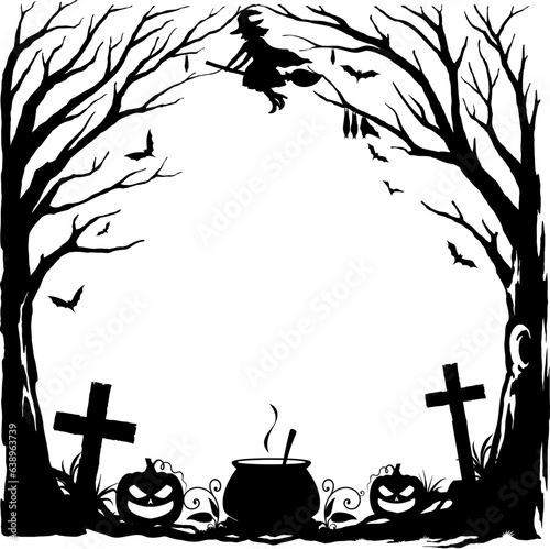 Halloween holiday black frame with cemetery, pumpkins, cauldron, witch flying on broomstick, bats and creepy trees silhouettes. Vector square border with Hallowmas holiday decor and spooky characters