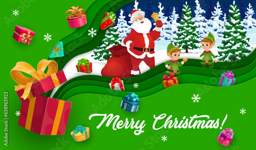 Christmas paper cut banner with gifts, cartoon Santa with bell and elves. Christmas holiday, Xmas winter holiday celebration paper cut greeting card, vector background with cheerful elf helping Santa