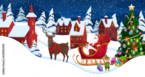 Christmas paper cut snowy town, presents on snow, Santa on sleigh and pine tree. Cartoon vector 3d papercut art with funny Father Noel sitting in deer sled on night street with cottages at xmas eve