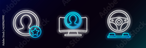 Set line Racing simulator cockpit, Premium create account screen and Create icon. Glowing neon. Vector