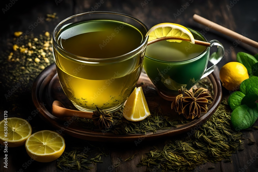 A cup of honey and sour green tea with lemon A cup of honey and sour green tea with lemon