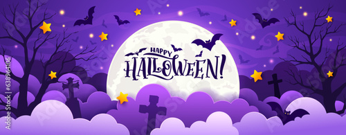 Halloween cemetery landscape with paper cut fog or mist. Vector horizontal banner with 3d layered scene of graveyard, stars, bats, full moon, creepy trees and crosses silhouettes admist purple haze