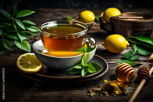 A cup of honey and sour green tea with lemon
