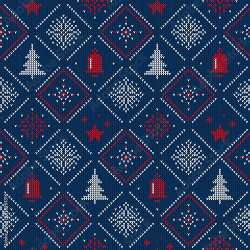 Christmas blue sweater pattern. Xmas holiday, New Year or Christmas ugly sweater vector ornament, Norwegian handmade embroidery print or pattern with pine or spruce tree, snowflakes, bell and stars