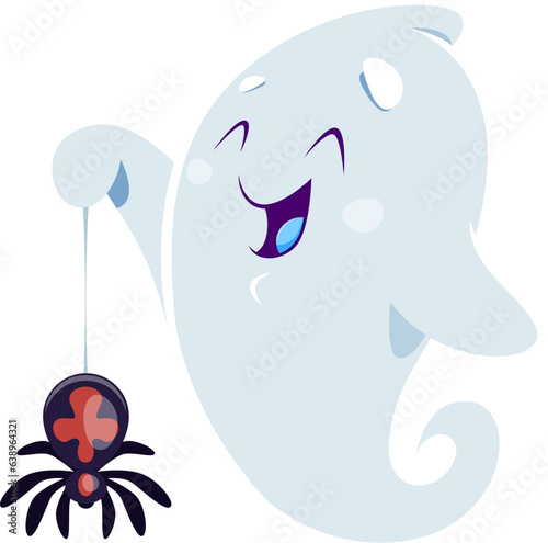 Cartoon cute kawaii Halloween ghost monster character holds a spider dangling from its web. Adorable vector spook with a playful smile, a charming combination of spooky and cute vibes
