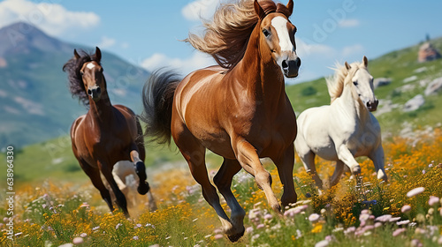 Floral Elegance in Motion Horses Running Wild in Meadow