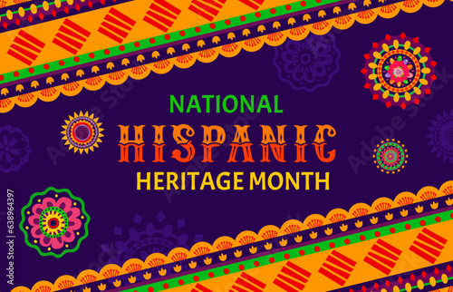 National Hispanic heritage month festival flyer with ethnic floral ornament, vector background. Hispanic Americans culture, traditions and art heritage poster with tropical flowers and plants ornament