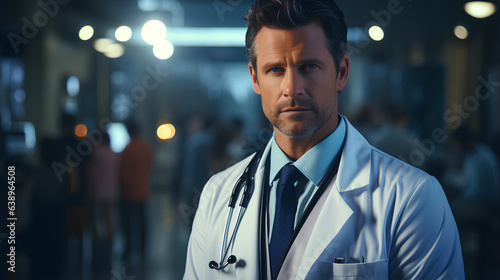 Portrait of serious doctor with stethoscope in corridor at hospital