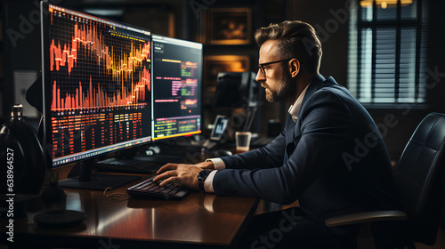 Side view of a bearded trader sitting at his desk in the night office and analyzing stock charts.