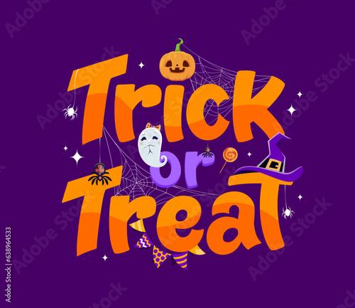 Trick or treat scary halloween banner. Vector spooky lettering adorned with eerie symbols as ghost, hat, spider and pumpkin, perfect for welcoming little ghouls and witches on a night of frightful fun