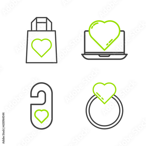Set line Wedding rings, Please do not disturb with heart, Online dating app and chat and Shopping bag icon. Vector
