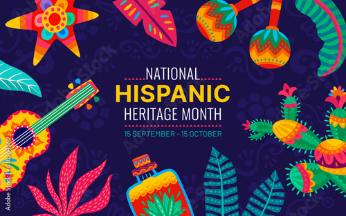 National Hispanic heritage month festival flyer with cactus, guitar, maracas, pinata and tropical flowers, vector background. Hispanic Americans culture, tradition or art and ethnic music heritage