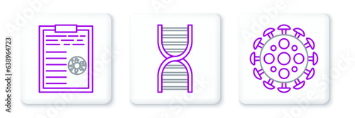 Set line Virus, Clipboard with blood test results and DNA symbol icon. Vector
