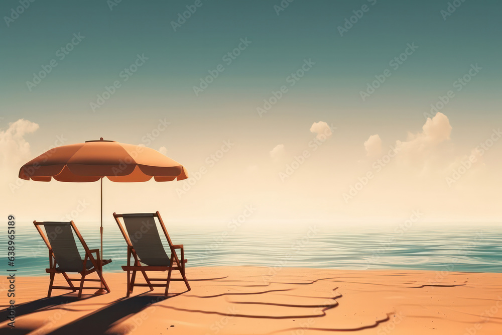 Create your own oasis of serenity with this beautiful beach scene featuring chairs and an umbrella is AI Generative.