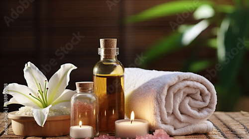 Capturing the Essence of Spa Serenity with Essential Oil, Sea Salt, and Towel