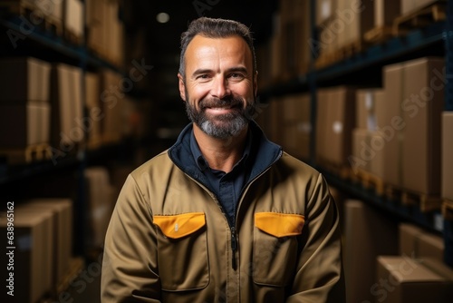 Portrait of a warehouse worker with racks with cardboard boxes on a background