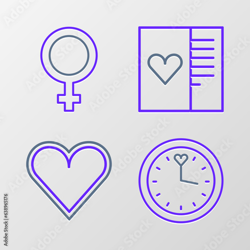 Set line Clock, Heart, Postcard with heart and Female gender symbol icon. Vector