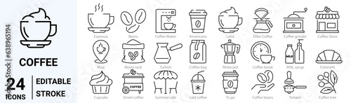 set of 24 line web icons coffee. Icoffee maker machine, beans, Espresso cup. Collection of Outline Icons. Vector illustration.