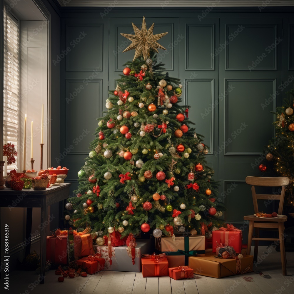 Christmas tree in a cozy room. Generative AI