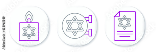 Set line Torah scroll, Burning candle and Jewish synagogue icon. Vector