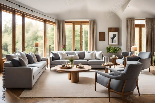 modern living room with fireplace, Interior of light living room with grey sofas, wooden armchair and coffee table © Mehram