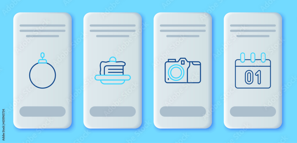Set line Cake, Photo camera, Christmas ball and Calendar icon. Vector Set line Cake, Photo camera, Christmas ball and Calendar icon. Vector