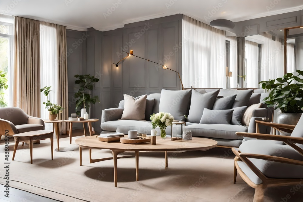 Fototapeta premium modern living room with fireplace, Interior of light living room with grey sofas, wooden armchair and coffee table