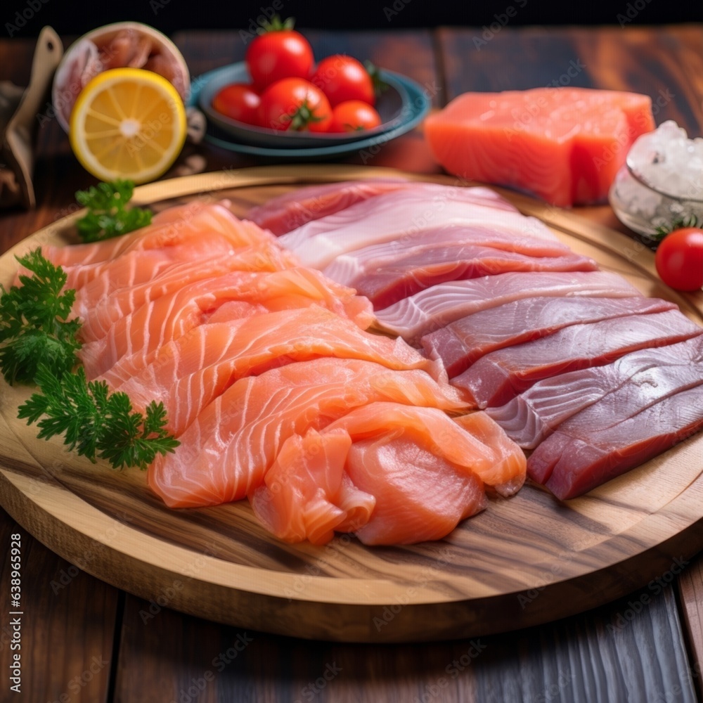 Sashimi, with slices of fresh salmon, tuna, and octopus arranged elegantly on a bamboo mat Sashimi, with slices of fresh salmon, tuna, and octopus arranged elegantly on a bamboo mat