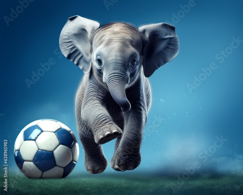 Funny playful baby elephant running after a soccer ball. Blue background with copy space. Minimal art fantasy concept of playing game of European football  kids  recreation  joy and sport activities