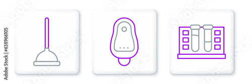 Set line Test tube with water drop, Rubber plunger and Toilet urinal or pissoir icon. Vector