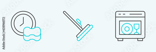 Set line Dishwasher machine, Washing dishes and Mop icon. Vector